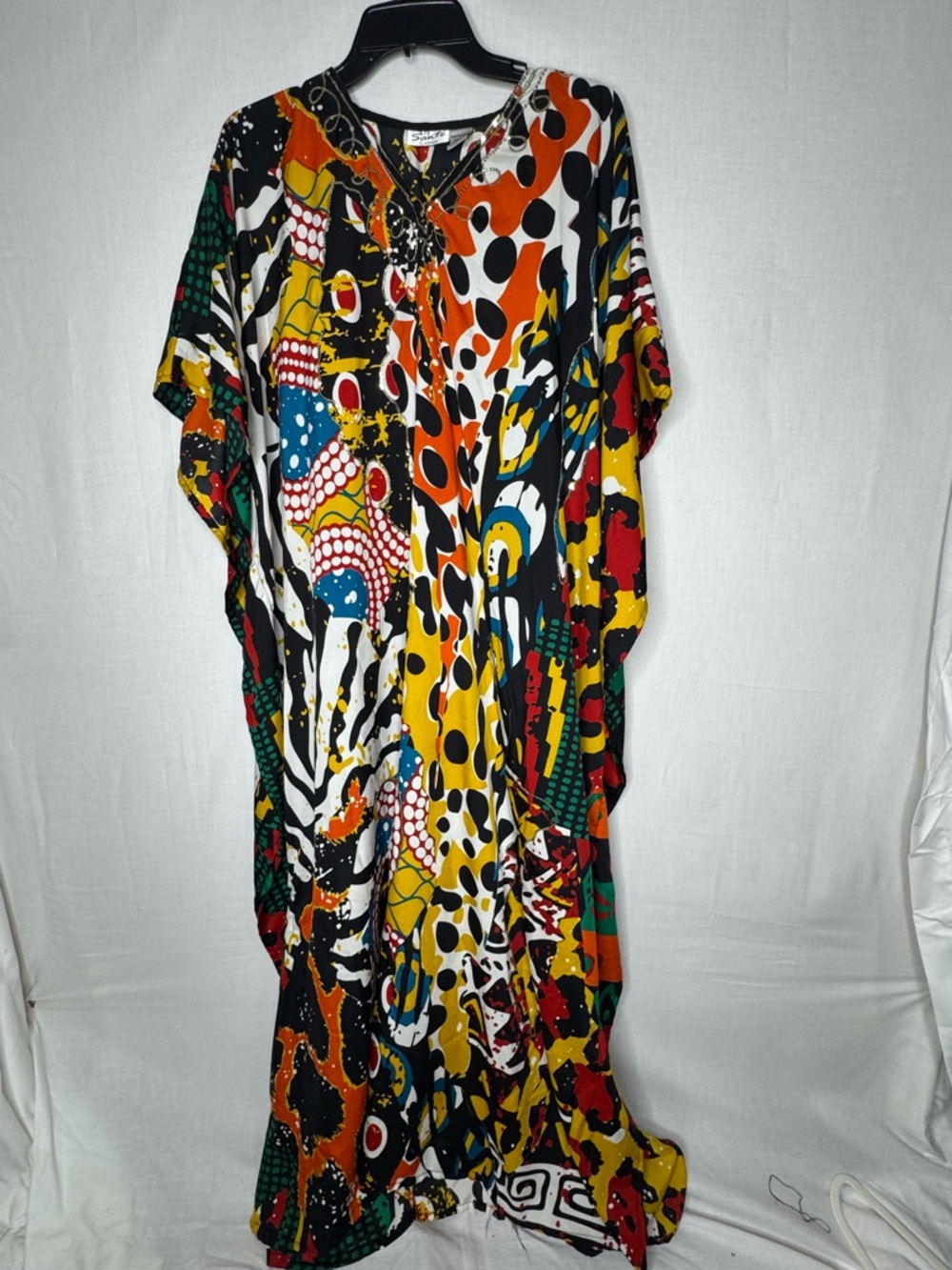 Sante Womens Maxi Kaftan MuMu Multi Print Sequin Bold Colorful Maximalist Lounge